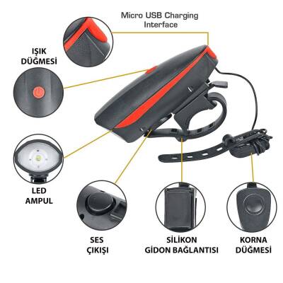 IŞIKLI BİSİKLET KORNASI ŞARJLI KZ-SL7588A - 2