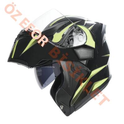 KC-ÇENE AÇILIR VİZÖRLÜ KASK [KC902B] MAT SİYAH - NEON YEŞİL [XL] E BELGELİ - 1