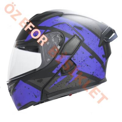 KC-ÇENE AÇILIR VİZÖRLÜ KASK [KC902B] SİYAH - MAVİ [S] E BELGELİ - 1